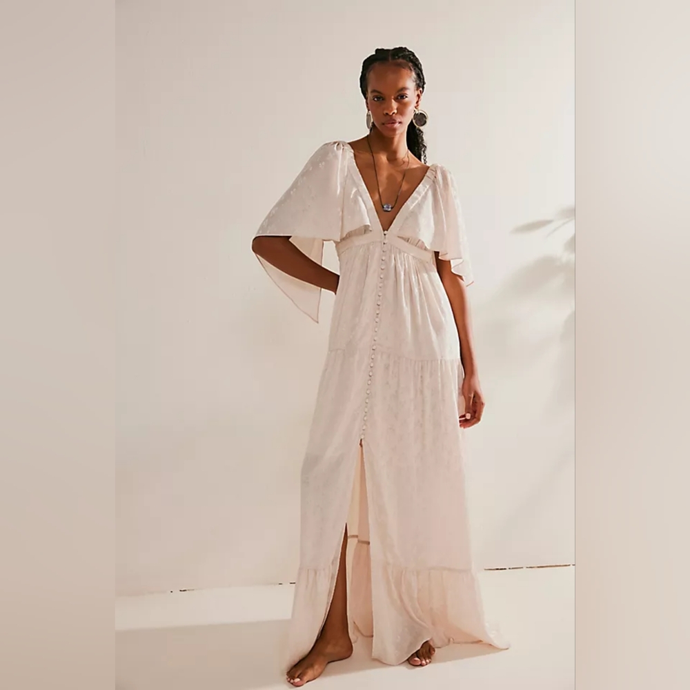FREE PEOPLE Cha Cha Maxi Dress V-neck MEDIUM Pearl White Floral NWT MSRP$250